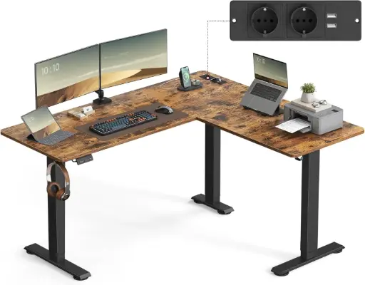 [LSD264K01] VASAGLE Bureau Électrique Réglable en Hauteur, Table d’Angle en L, 140 x 160 cm, avec Multiprise, Fonction Mémoire 2 Hauteurs ,Marron Rustique et Noir d’Encre