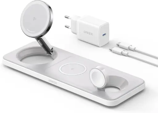 Anker Chargeur Induction iPhone 15W Station de Recharge à Induction 3-en-1 Pliable, Ultra Rapide Certification Qi2 (Chargeur USB-C et câble Inclus) Blanc 