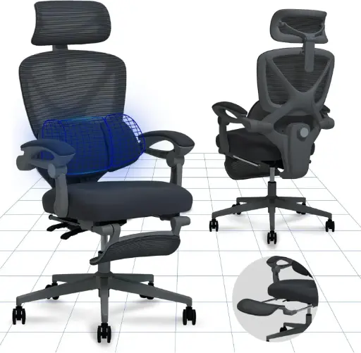 FLEXISPOT OC4 Chaise Bureau, Appui-tête 3D, Chaise Ergonomique en Maille Pivotante Réglable en Hauteur avec Auto- accoudoirs et Confortable, Noir 