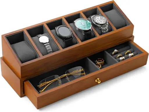 Oirlv Boîte De Montre En Bois Massif Avec 6 Fentes- 2 Couches Organisateur De Bijoux Pour Les Hommes  (Gris)
