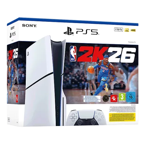 Playstation Sony, Pack Console 5 Édition Standard 1 To, Avec lecteur Blu-ray 4K, 1 Jeu Complet NBA 2K26 (Code), 1 Manette DualSense avec Retour Haptique et Gâchettes Adaptatives, Couleur : Blanche