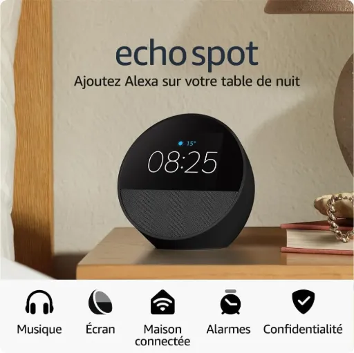 Nouvel Amazon Echo Spot (modèle 2024)  Réveil connecté (Noir)