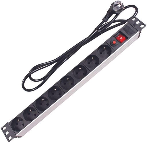 Perel Multiprise PDU avec 8 Prises Type E avec Terre, Interrupteur et Protection surtension, câble 2,15 m, 3680 W, répartiteur pour Rack 19 Pouces, Armoire Serveur et Bureau