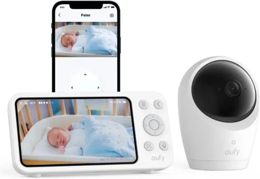 Babyphone eufy E20 avec caméra HD 2K, écran 5" 720p, avec ou sans Wi-Fi, contrôle ou surveillance via application, caméra portable avec batterie intégrée, alertes