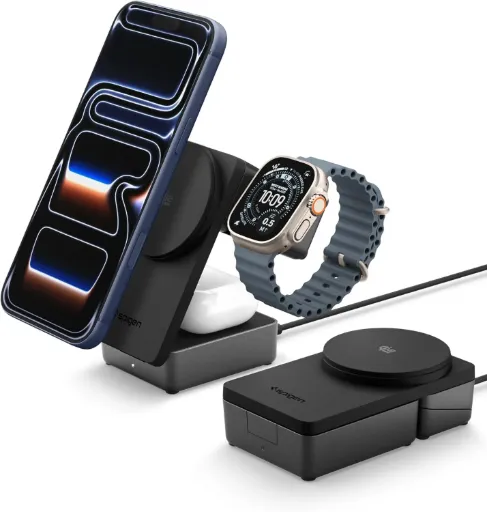 Spigen Essential EF323MQ Station de recharge pliable Qi2.2 3-en-1 25 W (Noir)