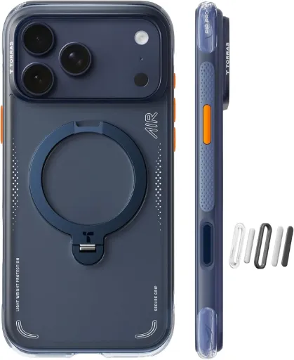 TORRAS Ostand Q3 Air Coque pour iPhone 17 Pro Max, Protection Airbag Dynamique Antichoc, Support Magnétique Rotatif 360°, MagSafe 18N, Boutons Interchangeables, Finition Mate – Bleu Nuit