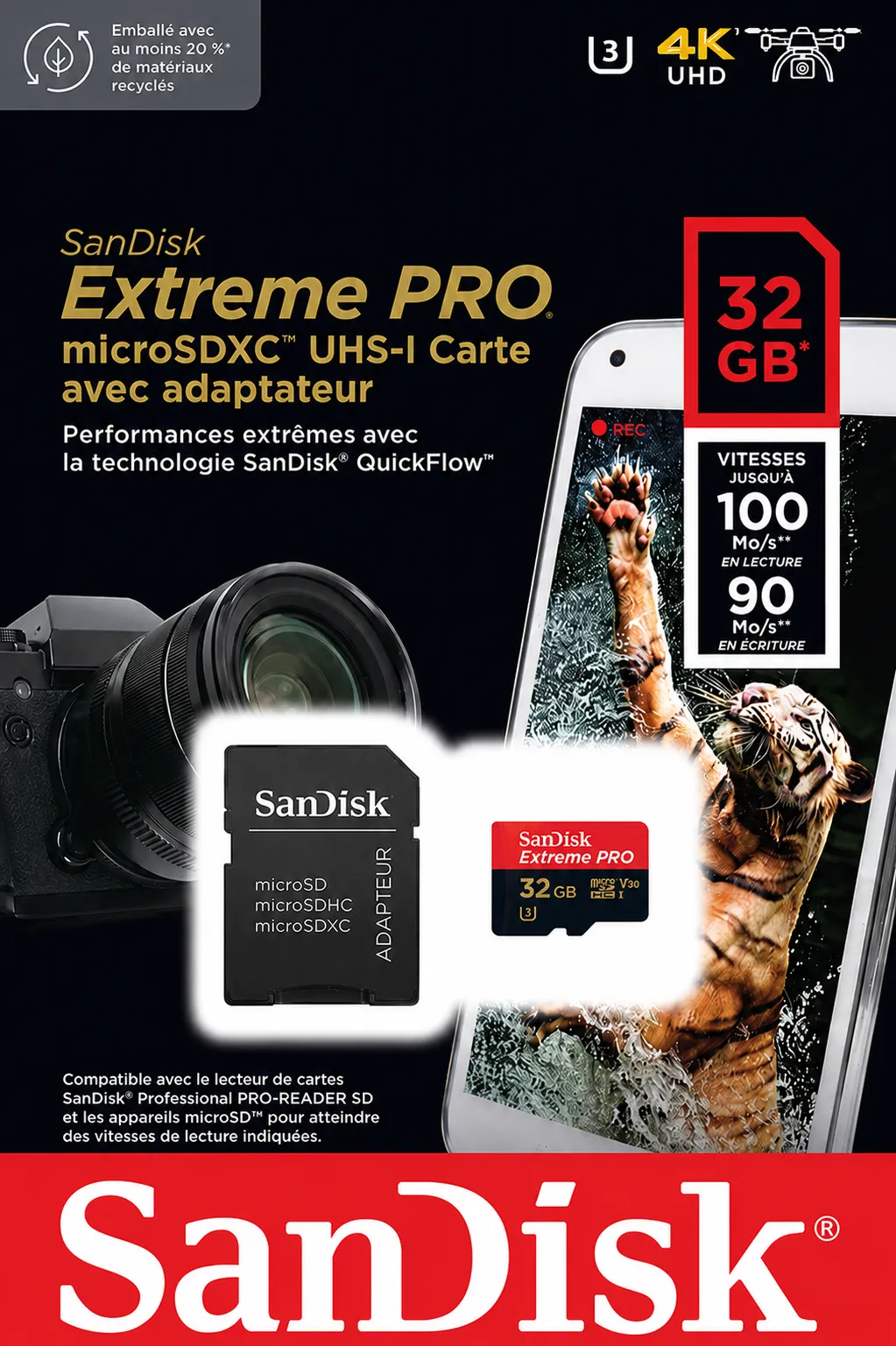 Carte SanDisk Extreme PRO microSDHC 32 Go avec adaptateur SD