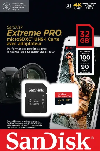SanDisk Extreme PRO microSDXC 32 Go, 100/90 Mo/s avec adaptateur SD