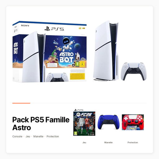 Pack PS5 Famille Astro — PS5 Slim Astro Bot, FC 26 et DualSense