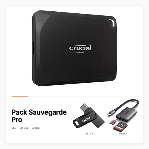 Pack Sauvegarde Pro avec SSD Crucial, clé USB 128 Go et lecteur