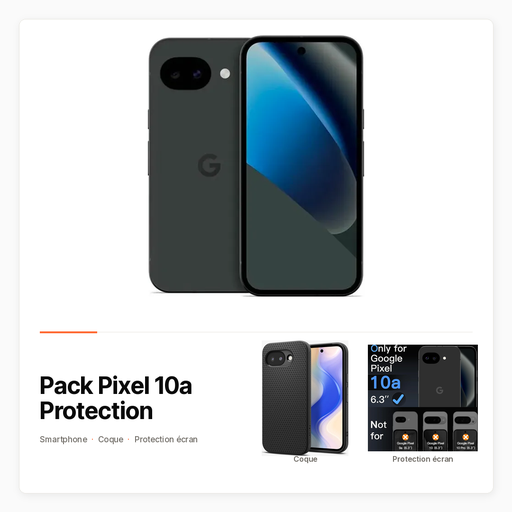Pack Pixel 10a Protection — Smartphone, coque Spigen et verre trempé