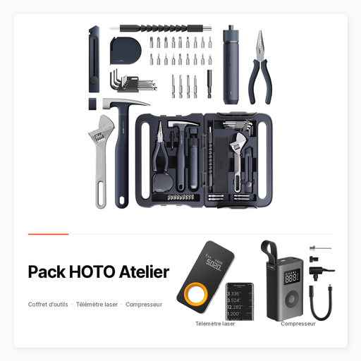 Pack HOTO Atelier — Coffret d’outils, télémètre laser et compresseur