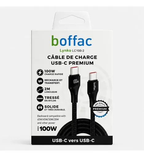 Boffac Lynko LC100-2, câble USB-C vers USB-C 100 W, 2 m