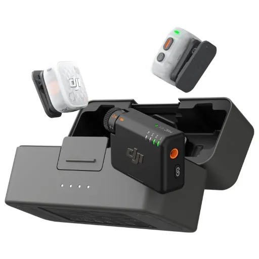 DJI Mic Mini 2S, deux émetteurs, récepteur et boîtier de charge