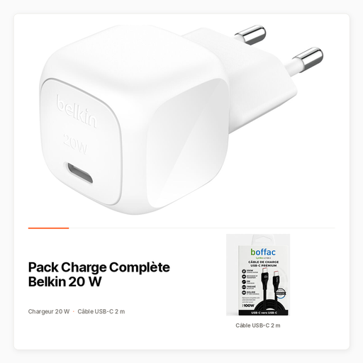 Pack Belkin 20 W avec chargeur et câble USB-C 2 m