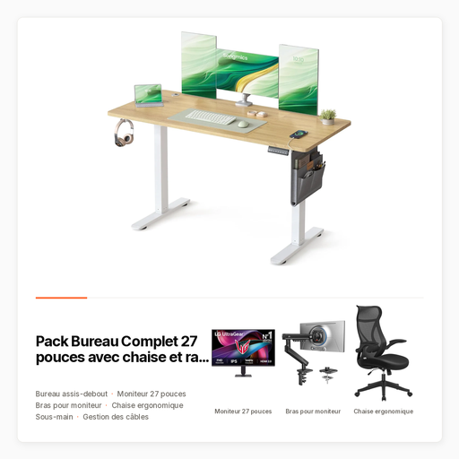Pack Bureau Complet 27 pouces avec chaise et rangement des câbles