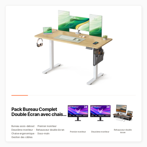 Pack Bureau Complet Double Écran avec chaise et rehausseur