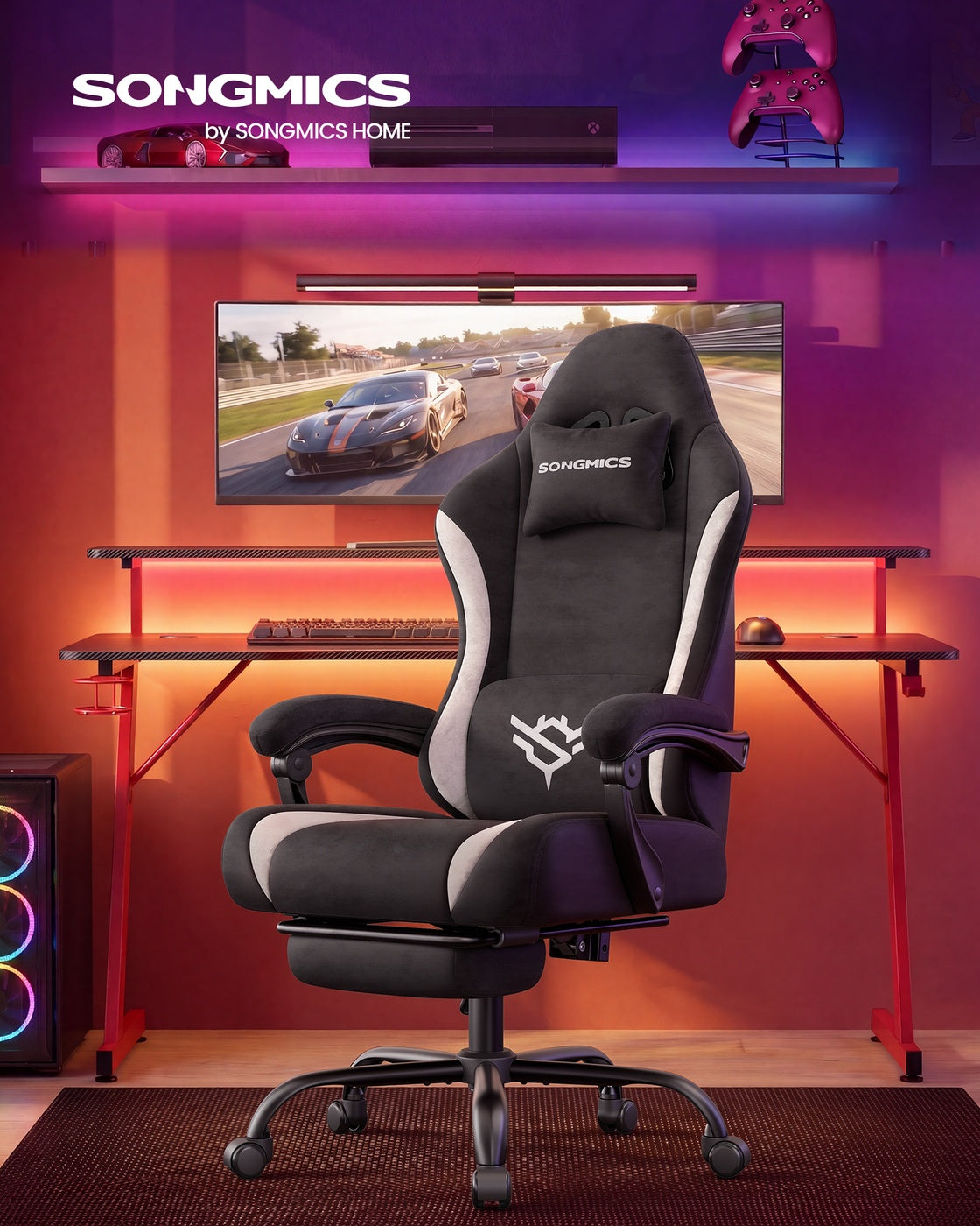 Chaise gaming SONGMICS Cathy noir et blanc en suédine avec repose-pieds