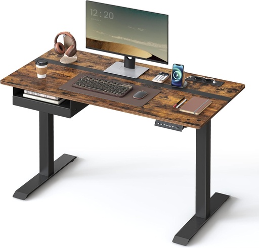 [LSD112X01] VASAGLE Bureau Électrique Réglable en Hauteur, Bureau Assis- debout, Multiprise, Tiroir, 60 x 120 cm, Réglable en Continu, Fonction Mémoire de 4 Hauteurs, Marron Rustique et Noir d'encre